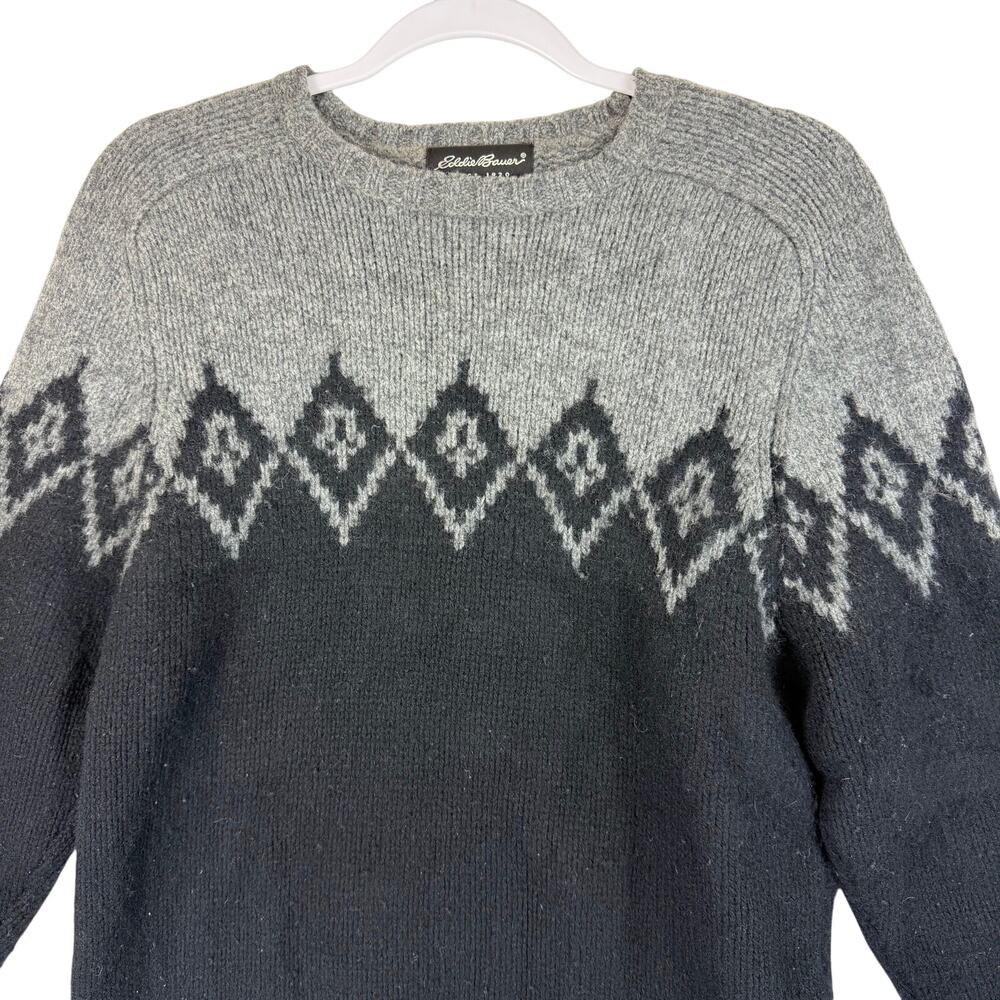 Vintage Eddie Bauer 100% Lambswool Sweater Small S Black Gray Fair Isle Crewneck - Picture 2 of 4